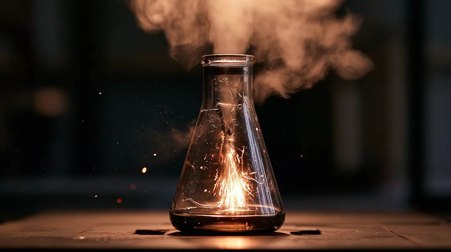A flask under pressure, sparks and smoke escaping as the glass starts to crack