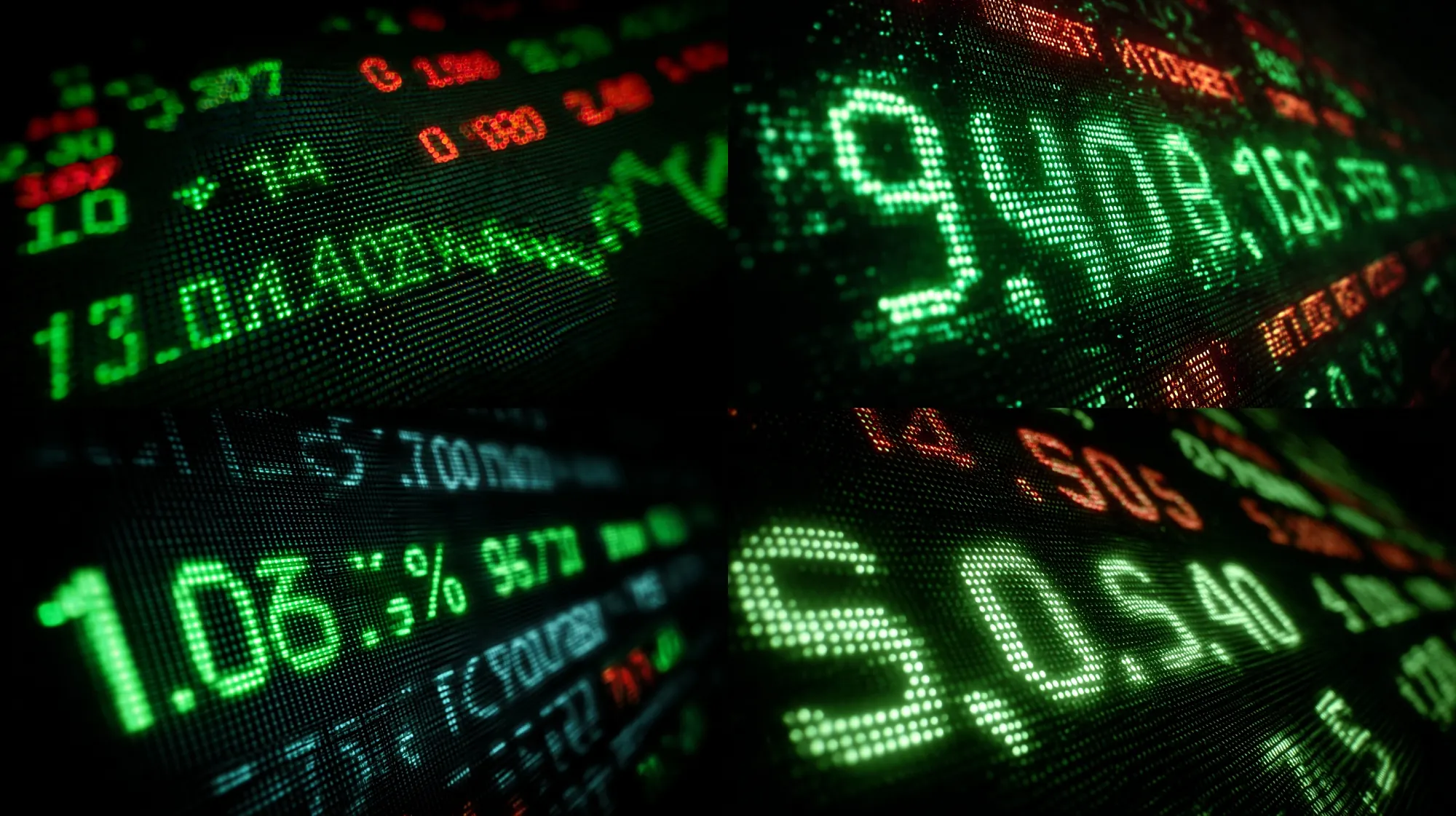 Close-ups of a glowing financial ticker board with live market figures