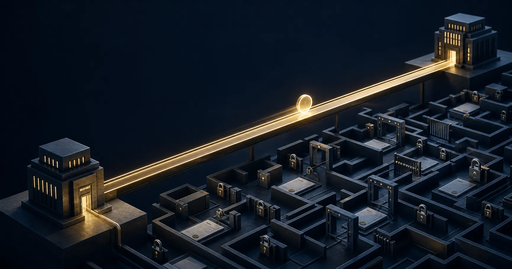 Two institutions linked by a direct golden path over a maze of locks, gates, and paperwork